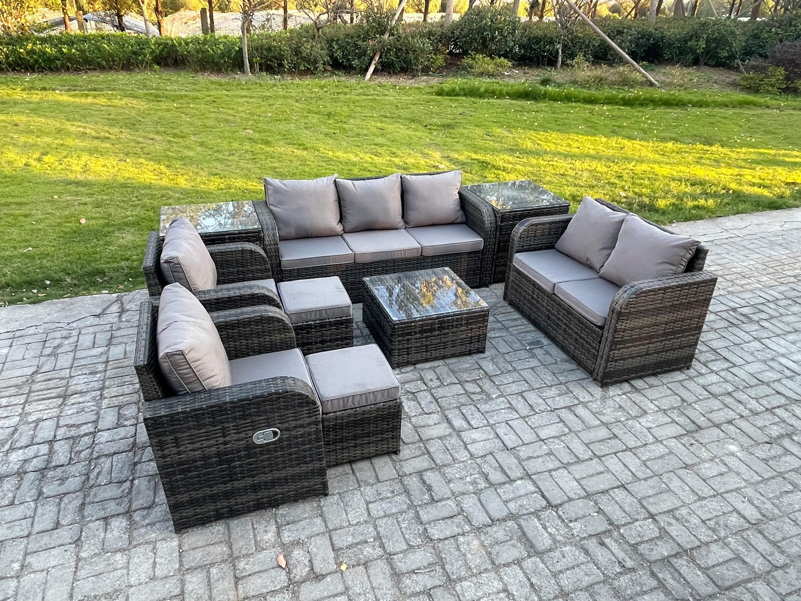 GARTENSOFA SET mit Couchtisch Polyrattan Dunkelgrau 9-teilige - Dunkelgrau/Grau, Glas/Kunststoff - Fimous