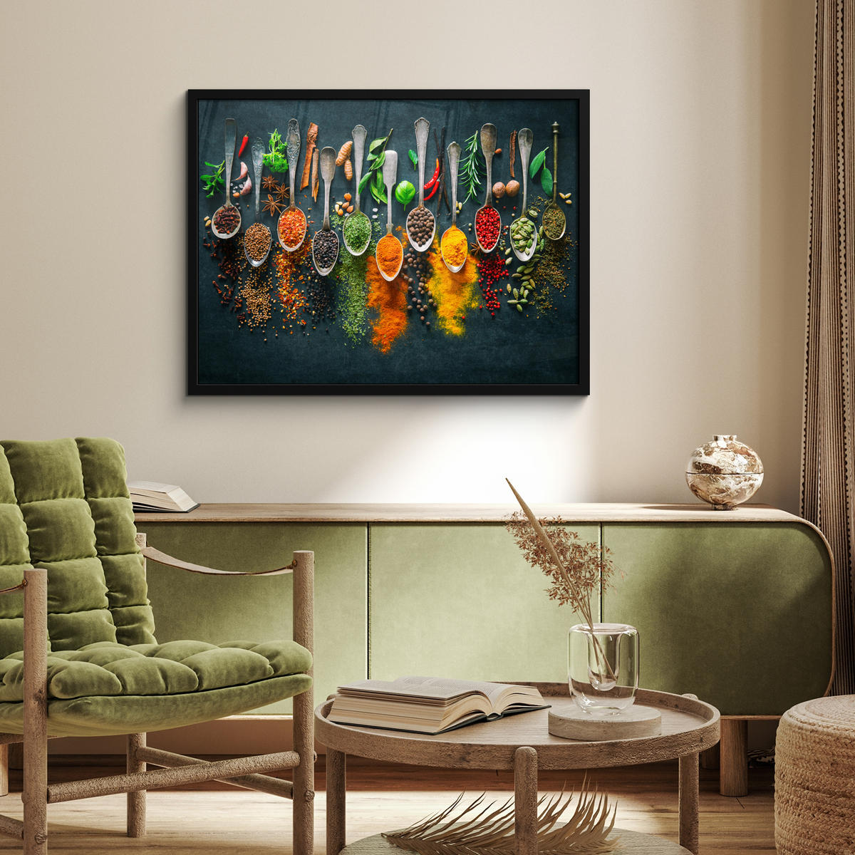 ZARÁMOVANÝ PLAGÁT Bylinky - korenie - lyžičky 80x60 cm - kari žltá, papier (80/60cm) - MuchoWow