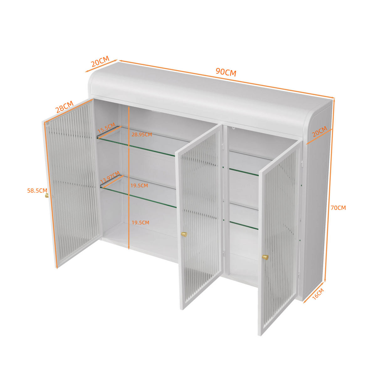 KÜCHENOBERSCHRANK mit Glasfront in Weiß, 3 Türen – wandmontiert - Weiß, Glas (90/70/19.5cm) - BEAOK