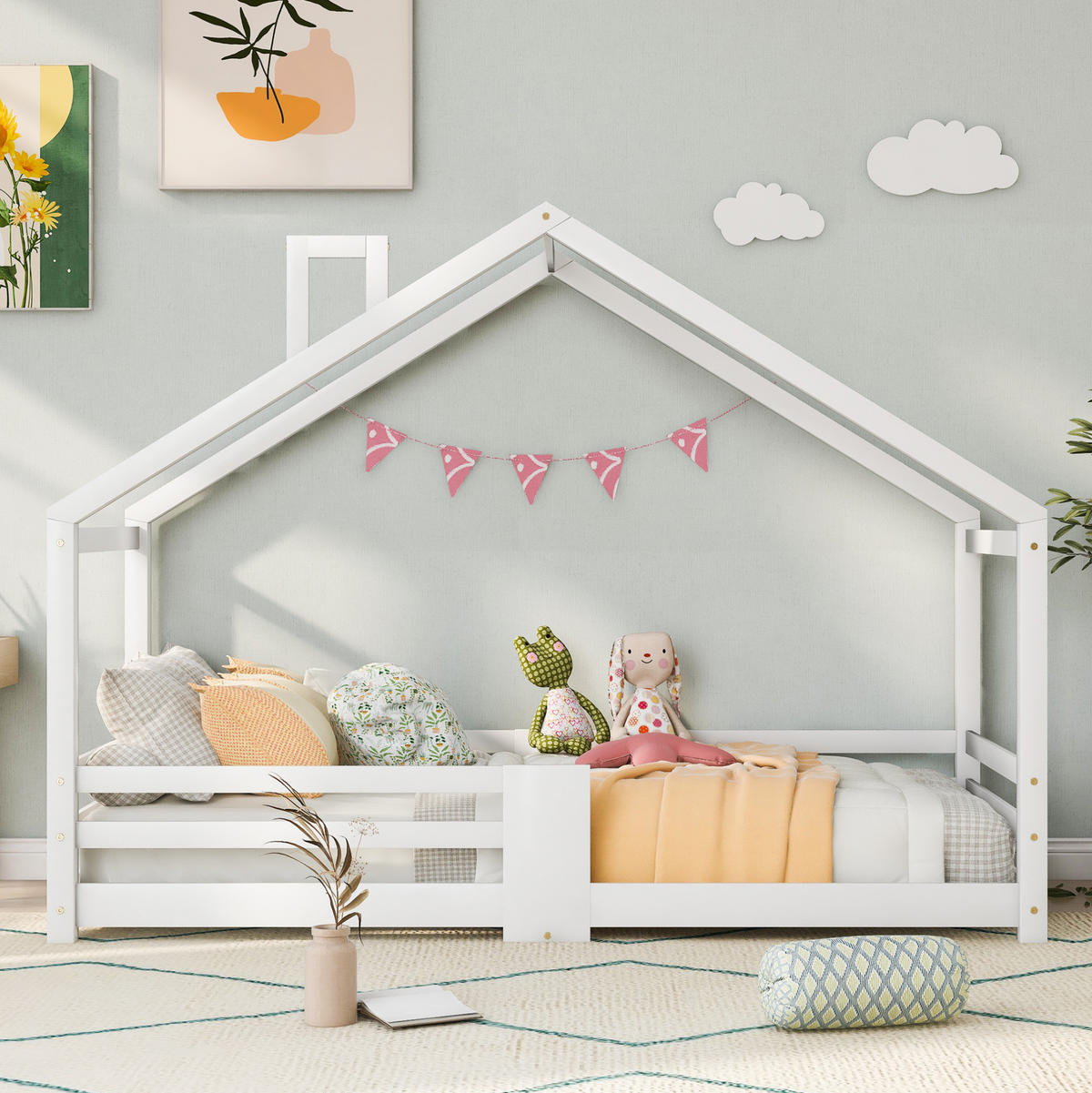 HAUSBETT 90/200 cm Weiß aus Massivholz mit Rausfallschutz und Schornstein - Weiß, Holz (90/200cm) - Flora Grace