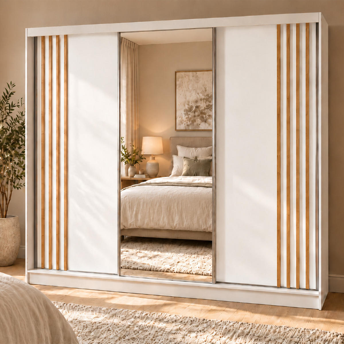 KLEIDERSCHRANK Nila 240 cm Weiß Spiegel 4 Schubladen Griffe silber - Weiß, Holzwerkstoff (240/216/61cm) - KS Home Concept