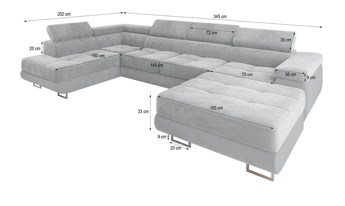 WOHNLANDSCHAFT CASONE R-S Grün Velours-Stoff mit Schlaffunktion - Grün, Holz (345/90/202cm) - MASSENO