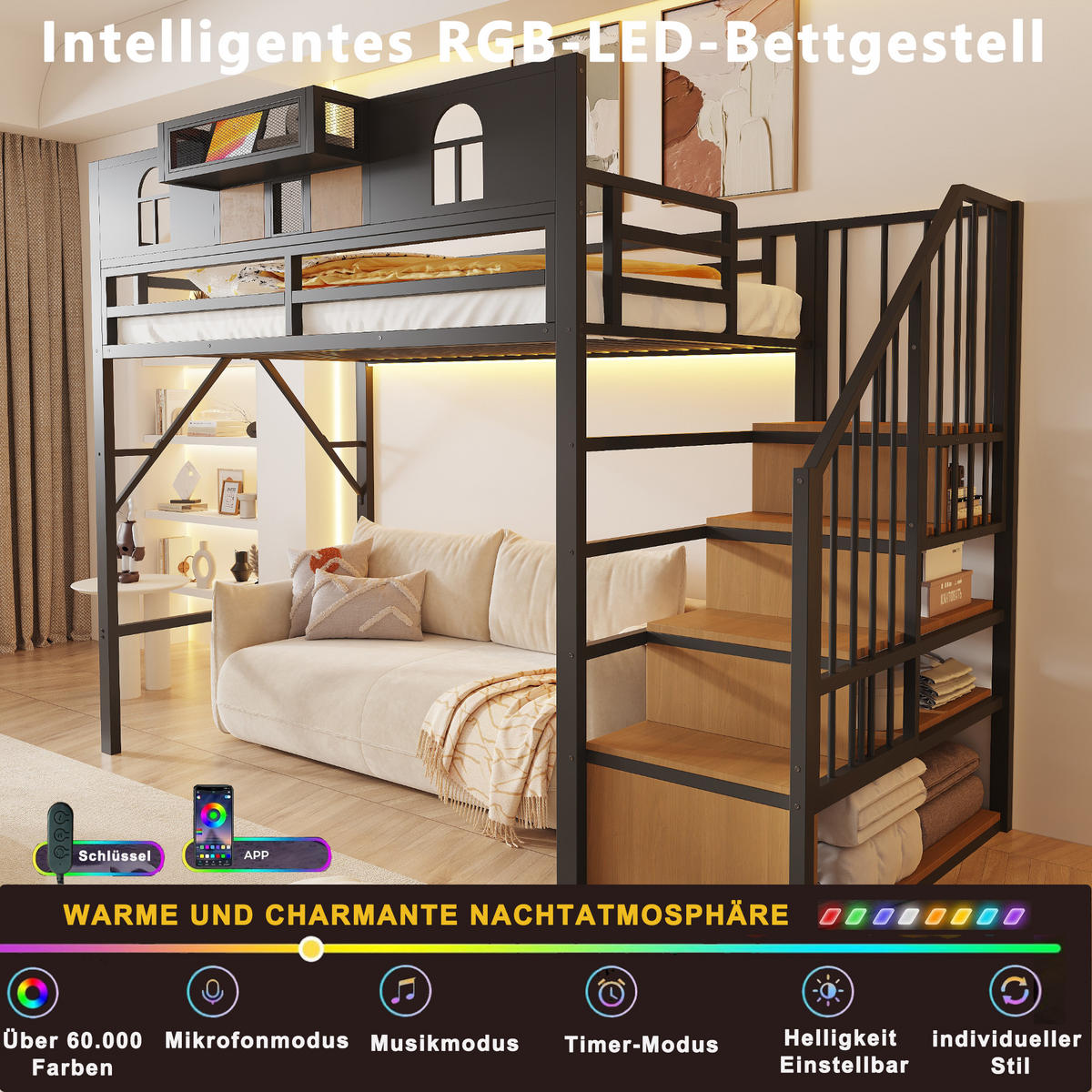 HOCHBETT 90/200 cm in Schwarz mit Ablagefach, Stauraumleiter und Lichtleiste aus Metall und MDF - Schwarz, Metall (90/200cm) - STILVORA