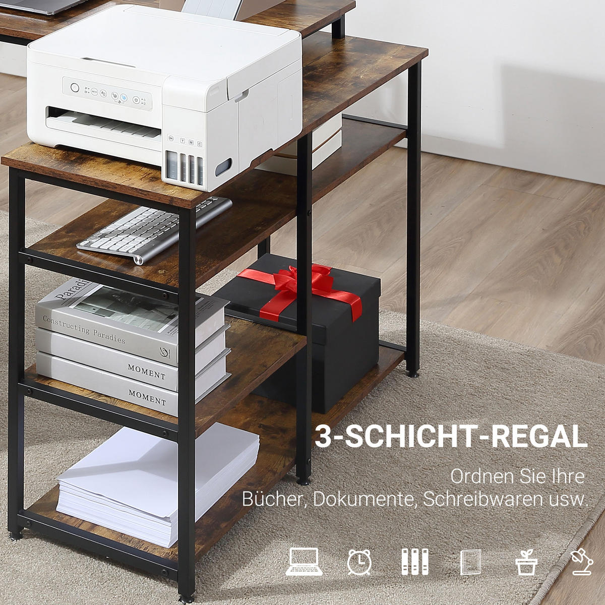 COMPUTERTISCH Bürotisch Regal platzsparend Spanplatte Metall Rustikales Braun - Braun, Kunststoff (135/90/79cm) - HOMCOM