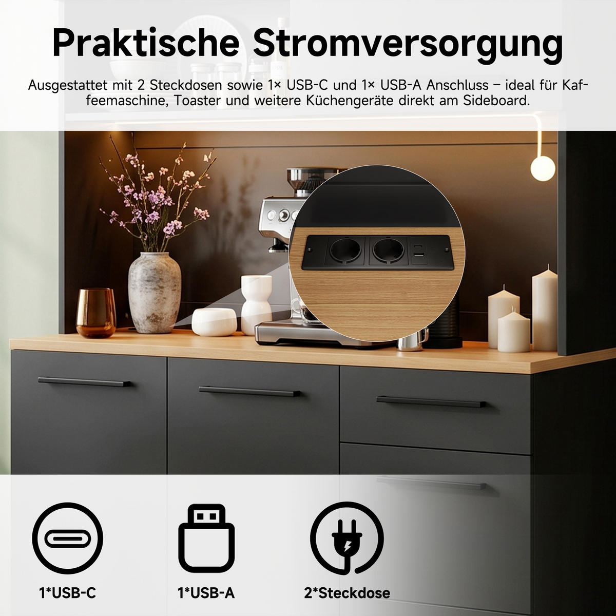 BUFFETSCHRANK 120x40x180cm LED Steckdose USB Schwarz - Schwarz, Holzwerkstoff (120/180/40cm) - FLIEKS