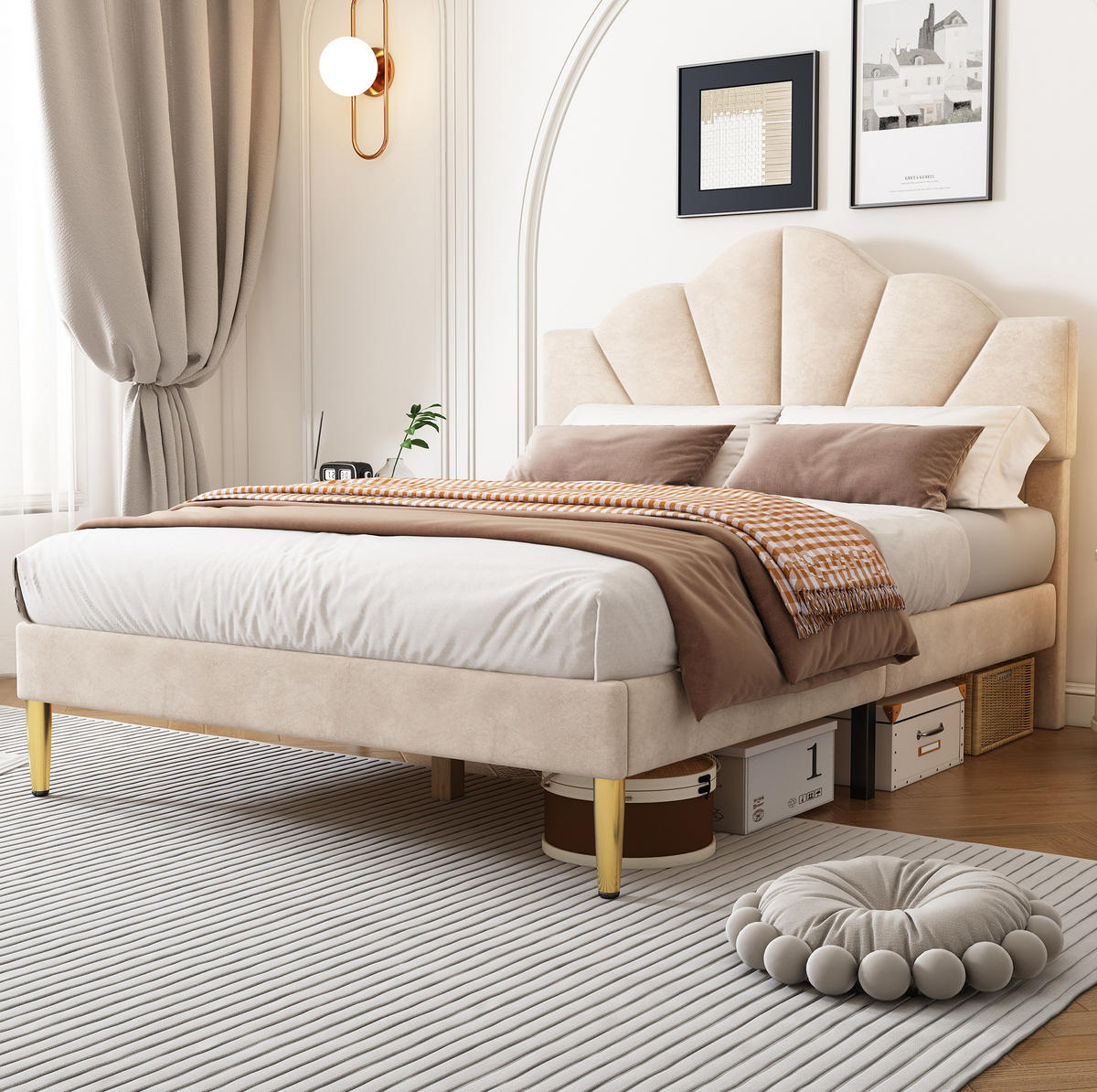 SAMT-POLSTERBETT 140/190 cm in Beige mit höhenverstellbarem Kopfteil - Beige, Textil (140/190cm) - BEAOK