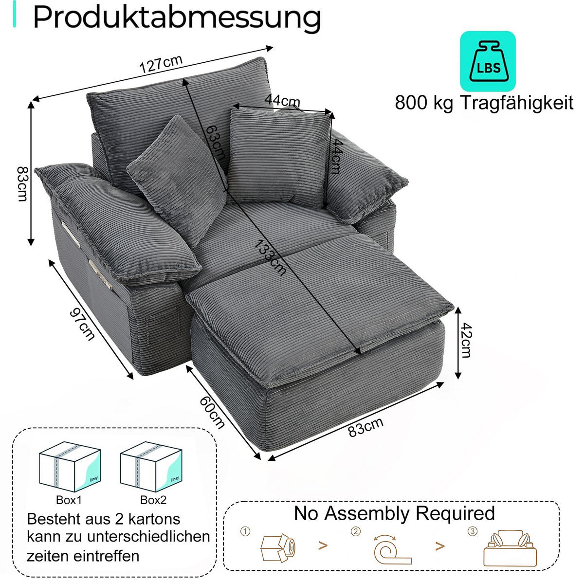 SESSEL aus Stoff mit modularem Hocker, Seitentaschen und weicher Polsterung, Hellgrau - Hellgrau, Textil (156/65/125cm) - Redom