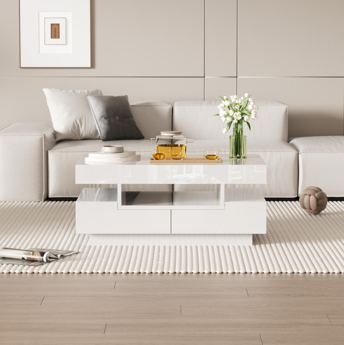 COUCHTISCH mit LED 80x50x36 cm Hochglanz Weiß - Weiß, Holzwerkstoff (80/50/36cm) - Meubliv
