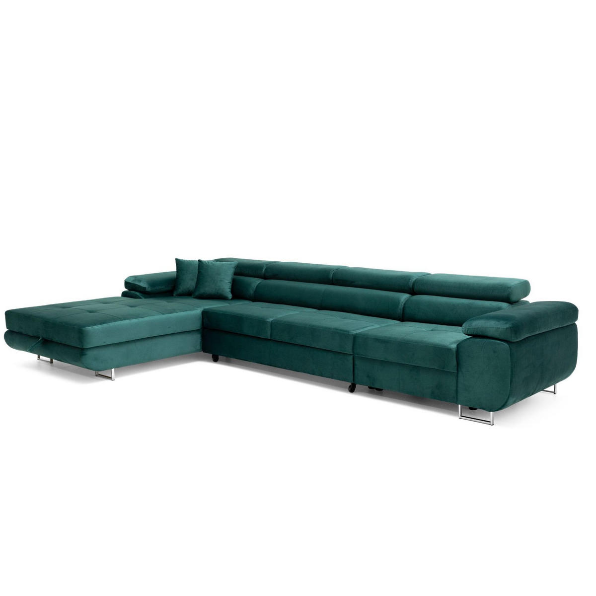ECKSOFA ALONZO MAXI Links mit Schlaffunktion 125x195 Velours Grün - Silberfarben/Grün, Holz/Textil (350/203cm) - Muffo
