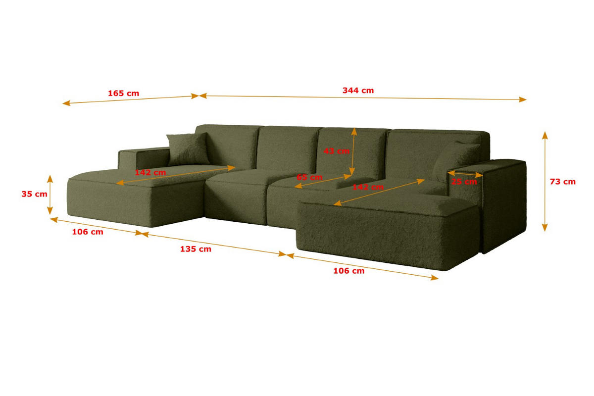 WOHNLANDSCHAFT SIERRA-U - 344x165x73 cm Grün Bouclé - Schwarz/Grün, Holzwerkstoff/Kunststoff (344/73/165cm) - ALTDECOR