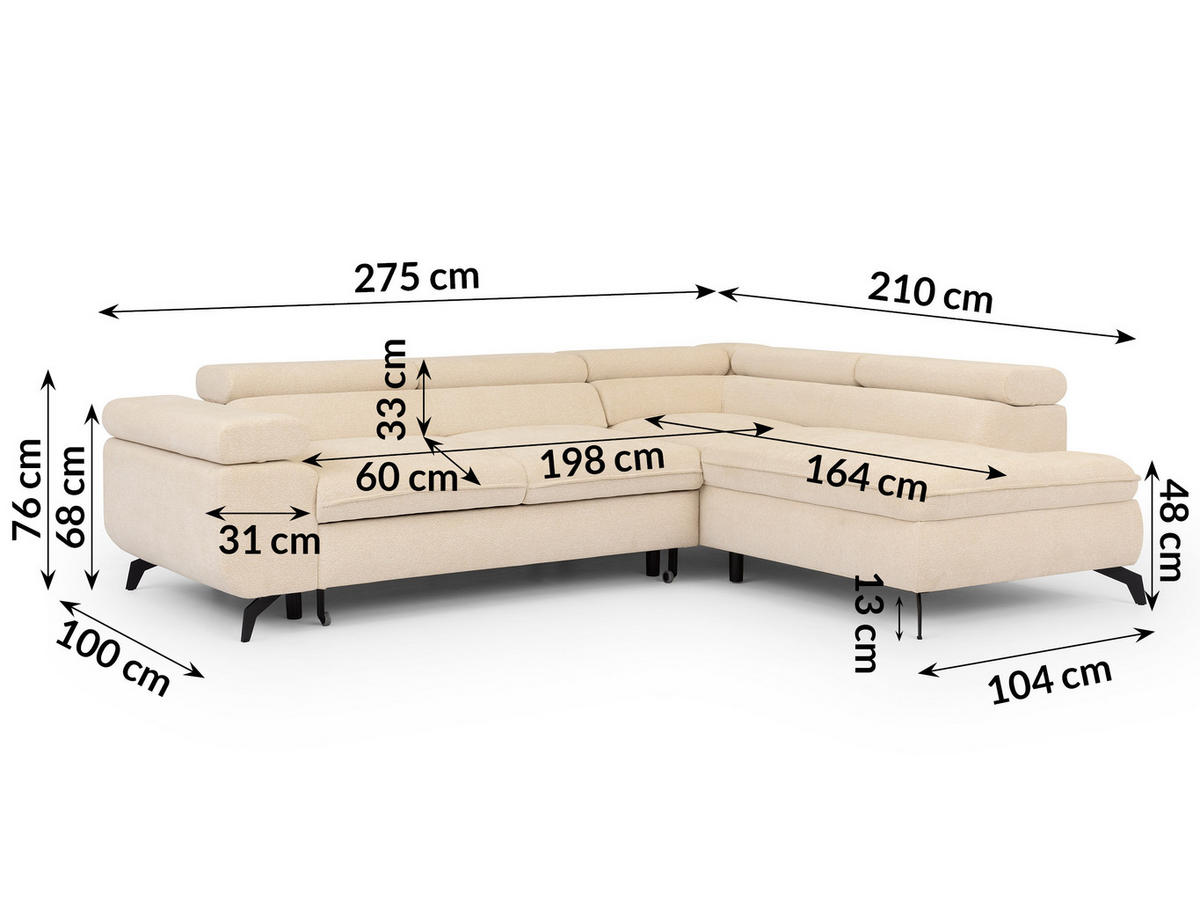 ECKSOFA mit Schlaffunktion und Bettkasten Bonnie aus Creme Chenille-Stoff mit verstellbaren Kopfstützen und Armlehne - Ottomane rechts - Creme/Schwarz, Holz/Textil (275/210cm) - S-Style Möbel