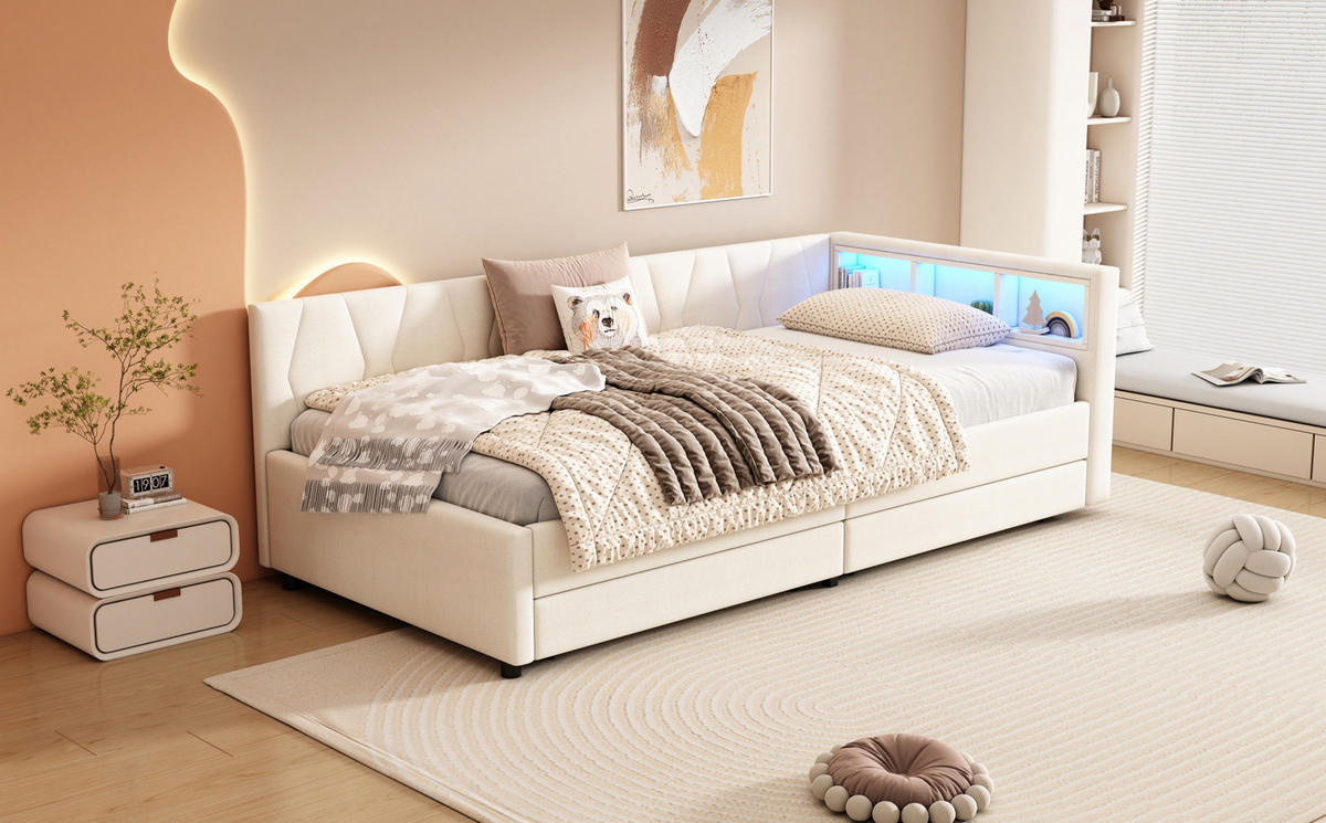 POLSTERBETT 90/200 cm Beige aus Leinen und MDF mit LED-Lichtleiste - Beige, Textil (90/200cm) - OKMYHOME