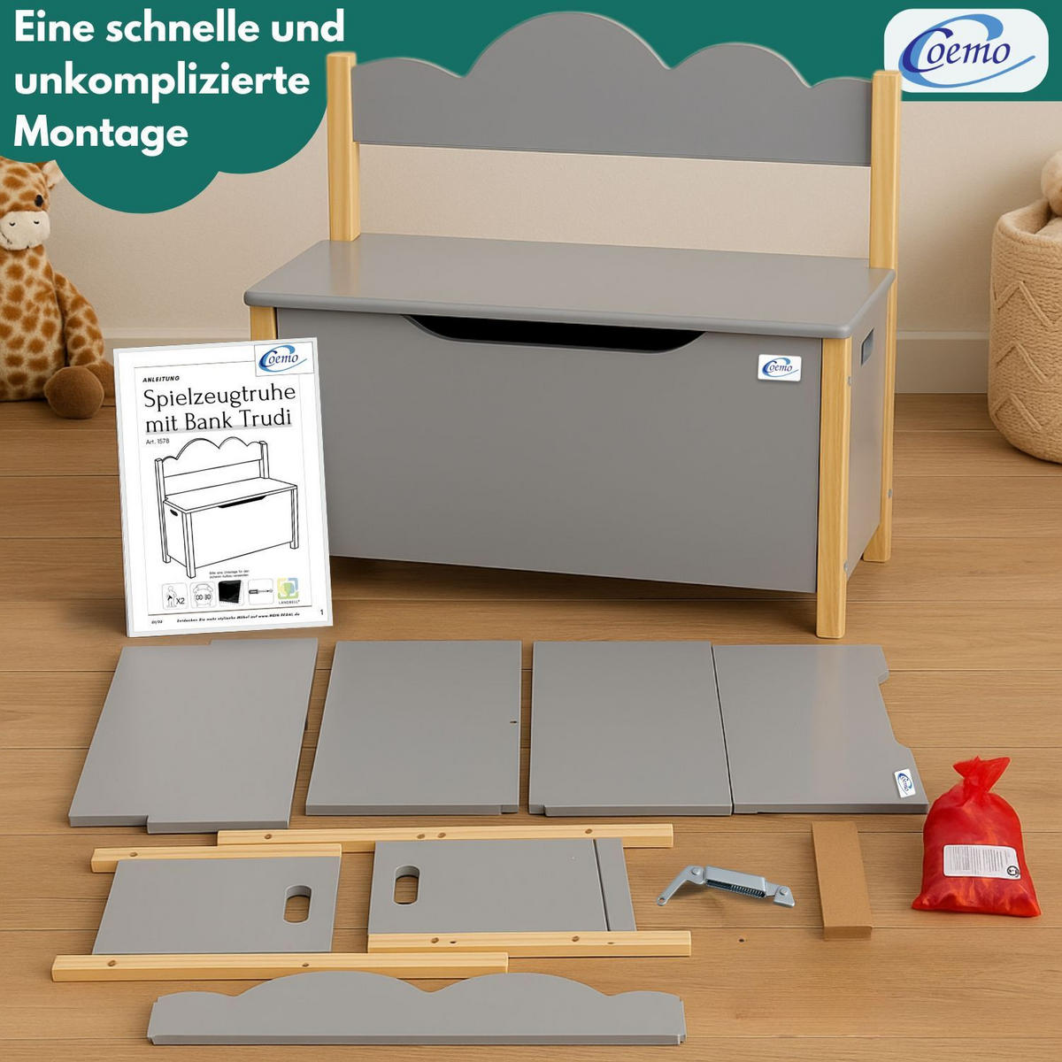 KINDERSITZBANK TRUDI Spielzeugtruhe in Grau - Grau, Holzwerkstoff (26/55/60cm) - Coemo