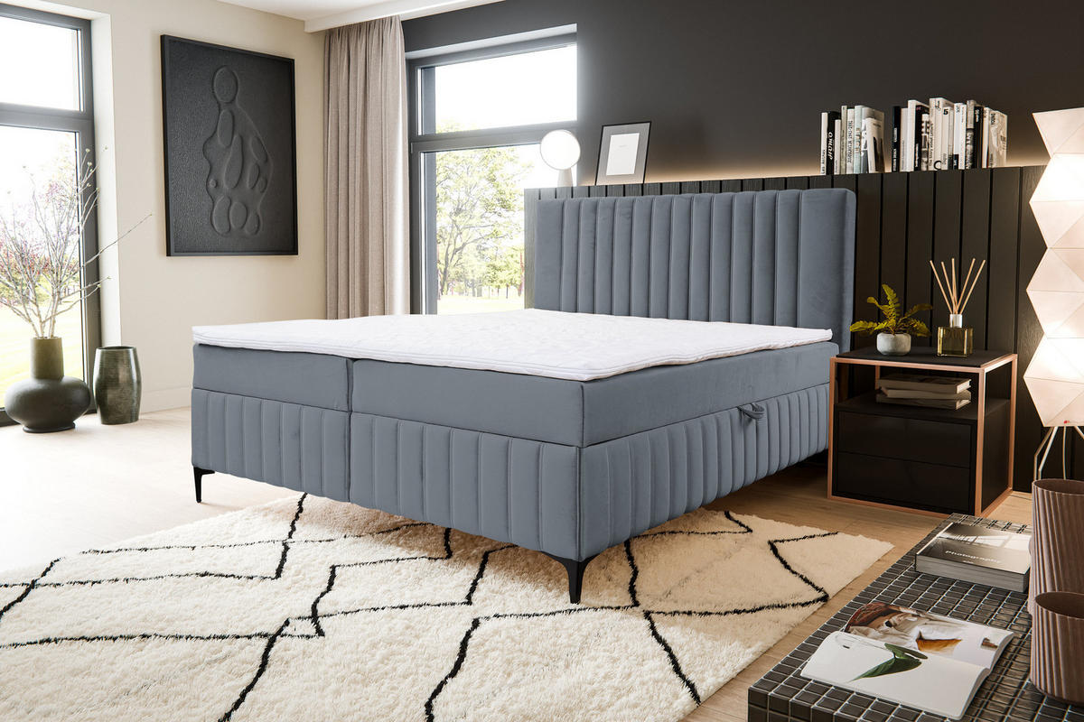 BOXBETT QUANT mit 2 Bettkästen, 180x200, Farbe: Grau, Velourstoff, mit Bonell-Matratze inkl. Topper - Grau, Holz/Kunststoff (180/200cm) - VENASI MÖBEL