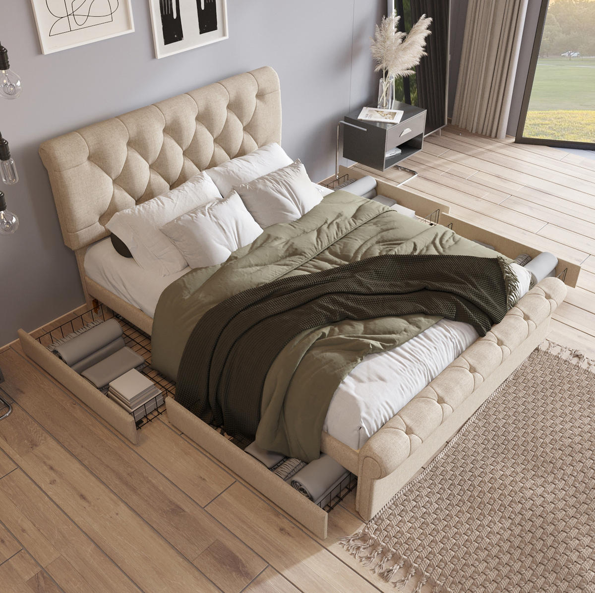 BETT mit 4 Schubladen und verstellbarem Kopfteil 140x200 cm Natur - Beige, Holz (140/200cm) - Meubliv
