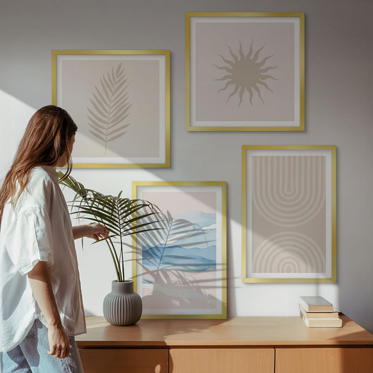 BILDER SET 4er Set - 50x50 cm & 40x60 cm Goldrahmen - Abstrakte Linien der Sonnenwellen - Goldfarben, Kunststoff (50/50cm) - TULUP