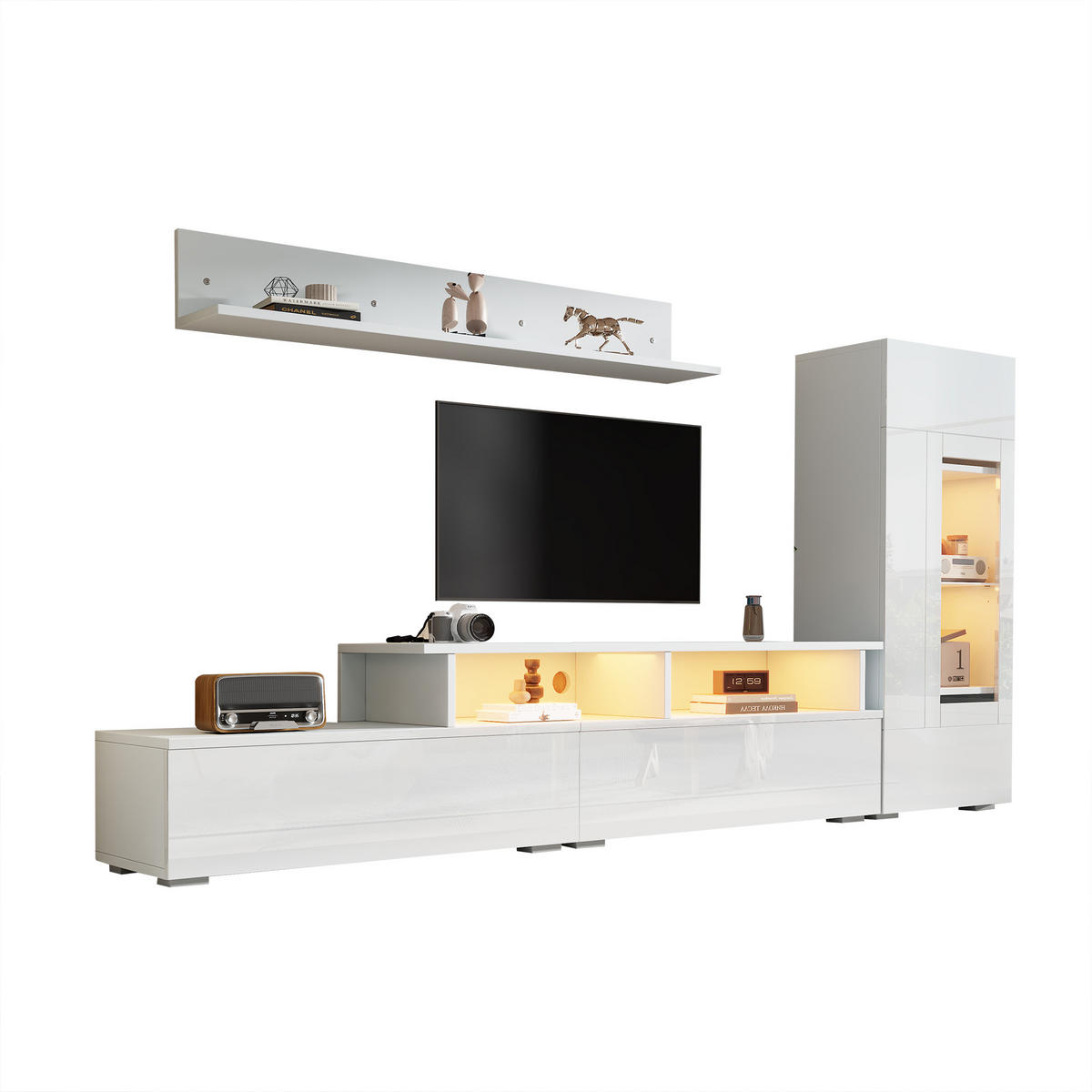 TV-WOHNWAND Weiß 3-teilig, LED-Beleuchtung, Hochglanz, 170/35/45 cm - Weiß, Holzwerkstoff (170/45/35cm) - PANGIVO