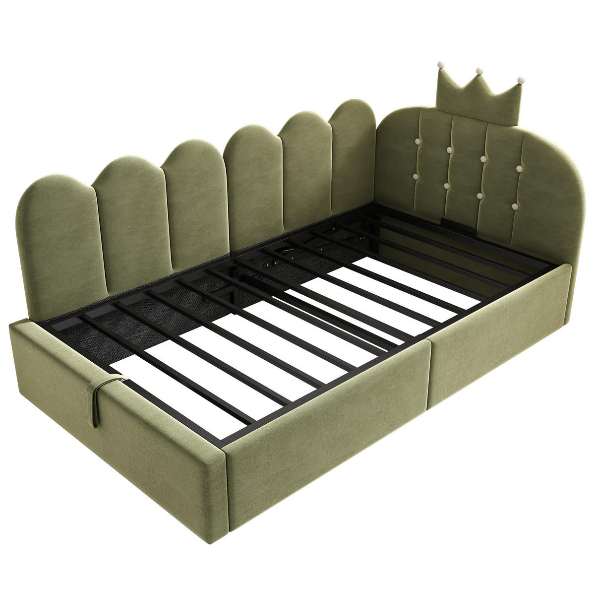 DENNÍ postel 90/200 cm zelená ze sametu s úložným prostorem a korunkovým čelem - zelená barva, kompozitní dřevo (90/200cm) - OKWISH