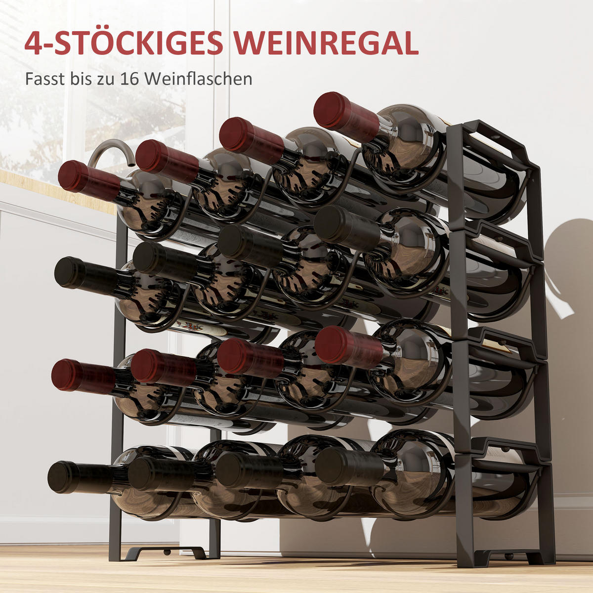 WEINREGAL für 16 Weinflaschen, Schwarz - Schwarz, Metall (42.5/41/16.5cm) - HOMCOM