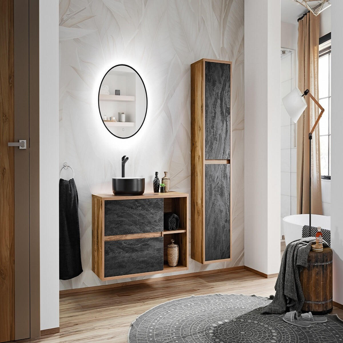 BADMÖBEL-SET 4 Teile - Hampton H BM10 - in Huton Oak / Dark Concrete - Dunkelgrau, Holz (100/170/46cm)