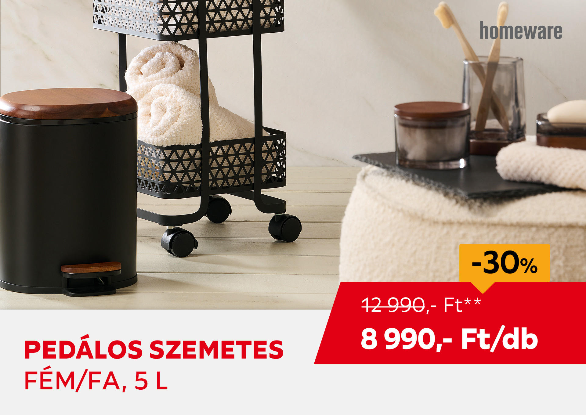 Pedálos szemetes, fém/fa, 5 L Kiemelt termék 12990 Ft.- helyett 8990 Ft.-