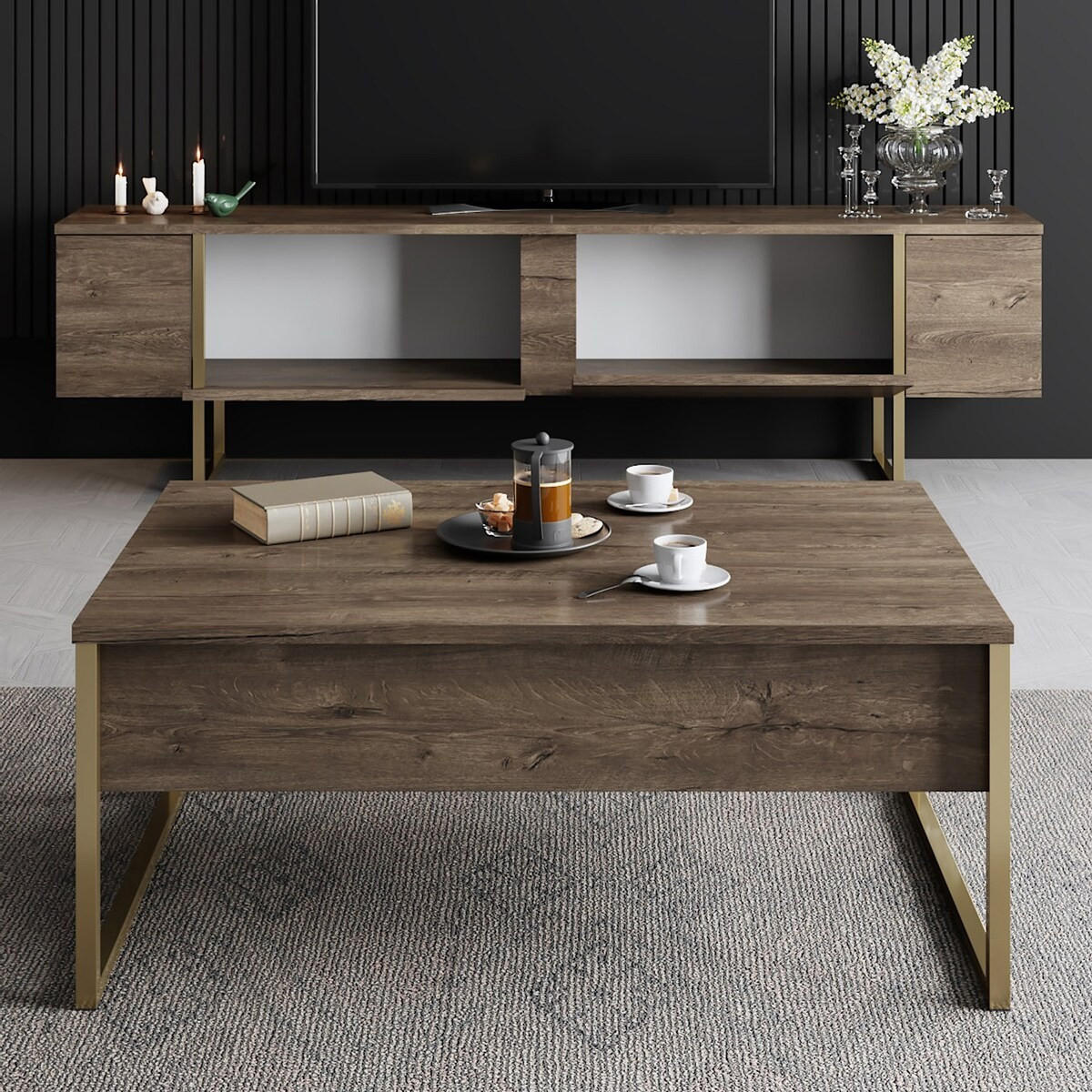 LUXUSNÍ TV stolek se 2 výklopnými dvířky, šířka 180 cm - hnědá, kompozitní dřevo (180/50/30cm) - Calicosy