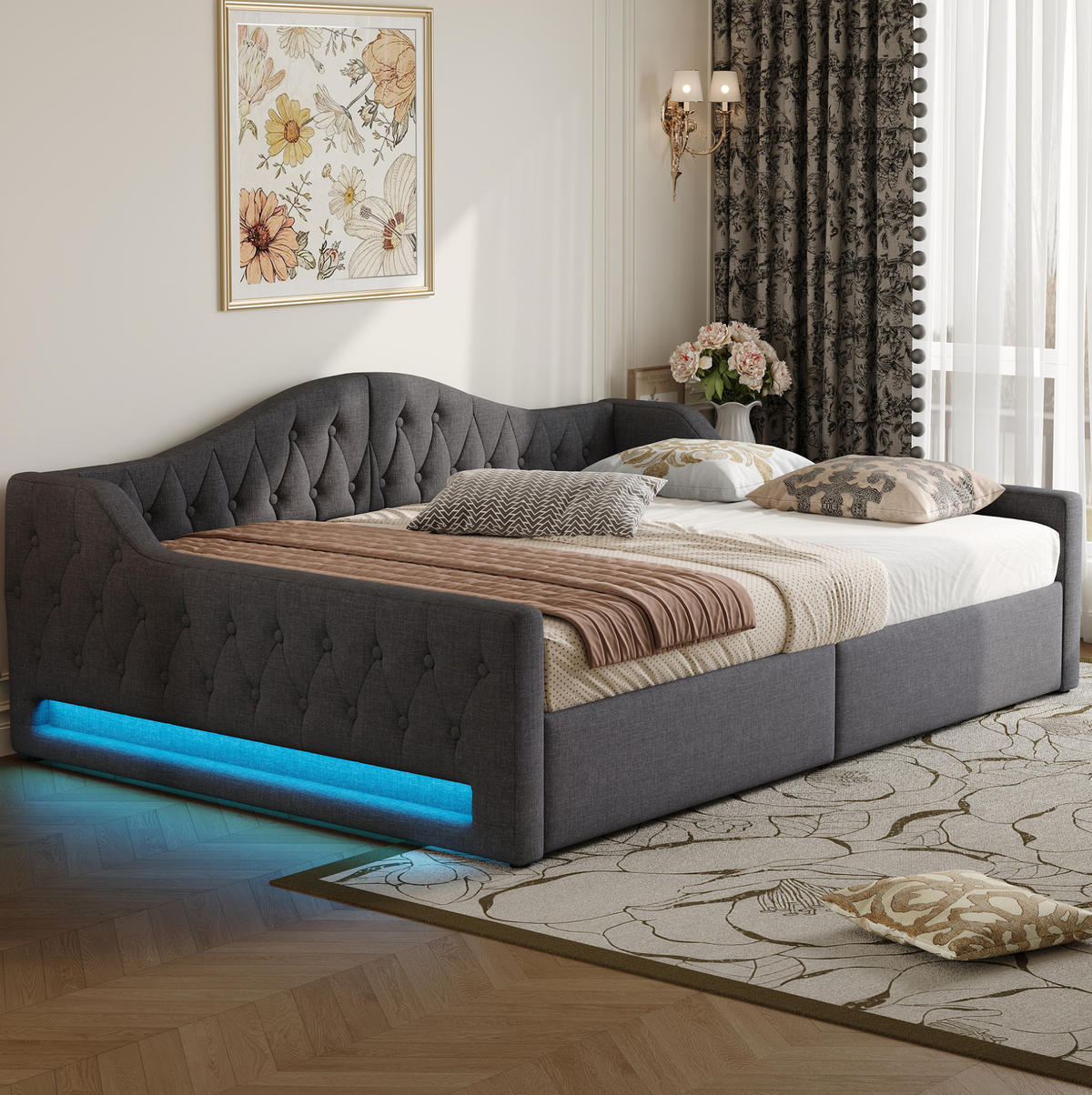 POLSTERBETT 140/200 cm Grau mit LED-Beleuchtung und Stauraum aus Leinen - Grau, Holzwerkstoff (140/200cm) - OKWISH