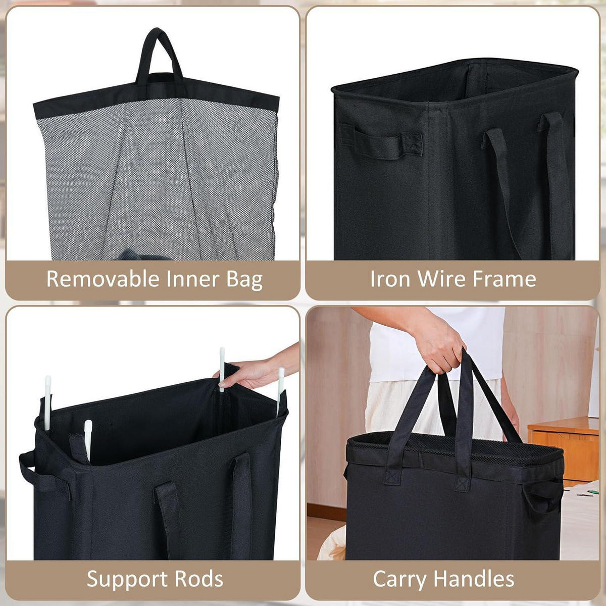 WÄSCHEKORB faltbar 50l Schwarz mit herausnehmbarer Innentasche - Schwarz, Textil (20/60/40cm)