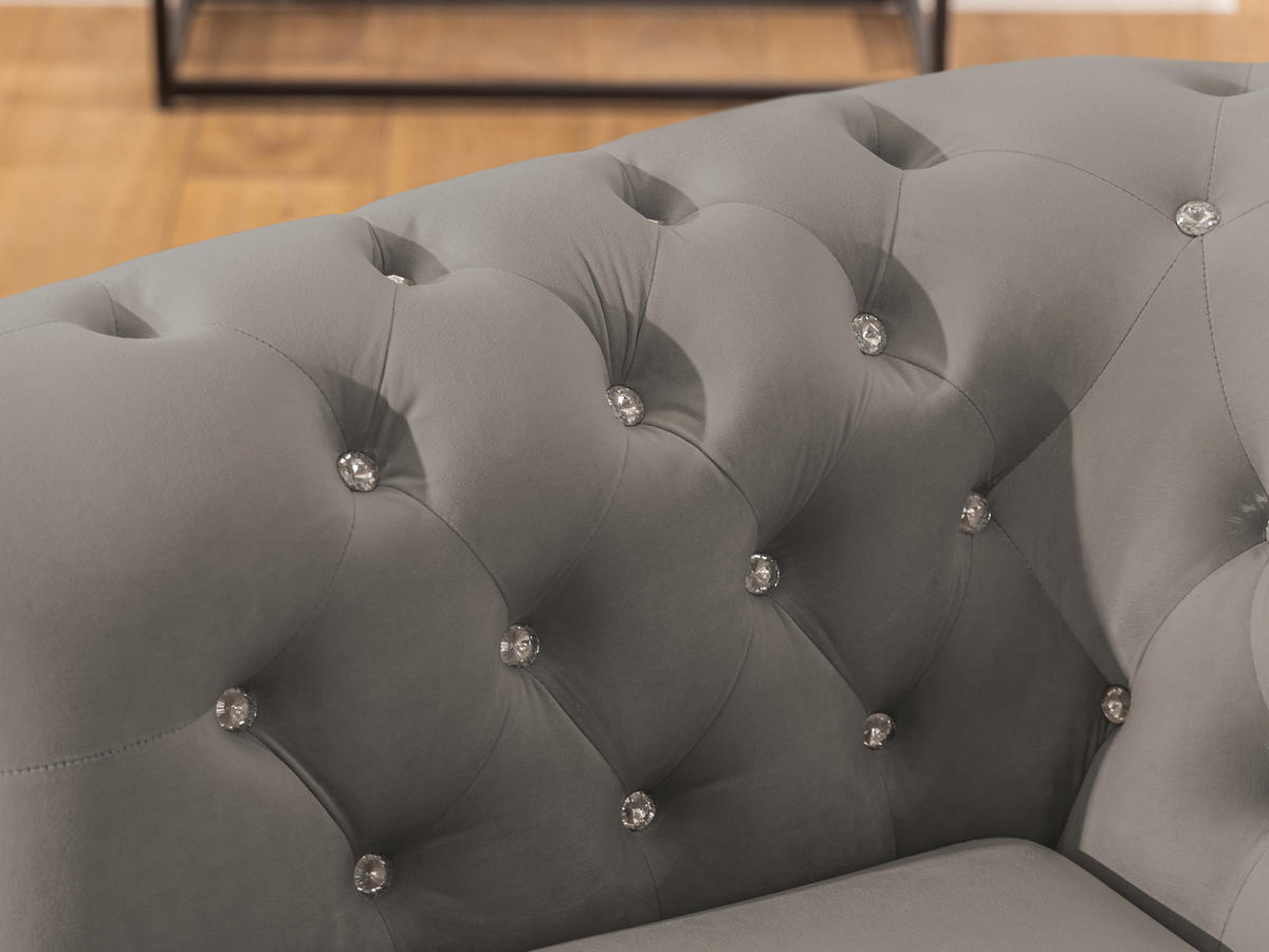 CHESTERFIELD-SOFA 3-Sitzer mit Schlaffunktion Cleo Blink Grau Samt mit Kristallsteppung und braunen Massivholzfüßen - Braun/Grau, Holz/Textil (203/72/86cm) - S-Style Möbel