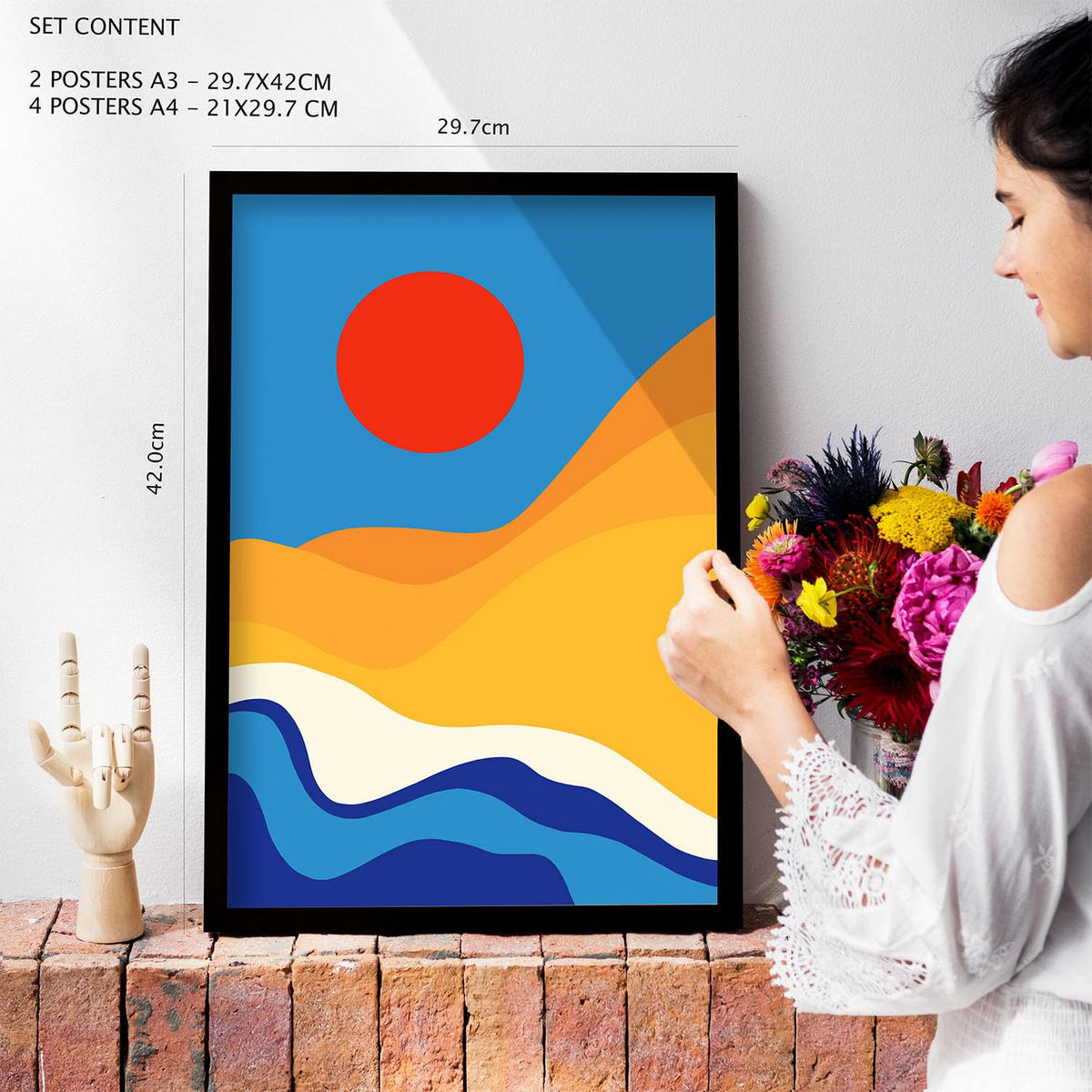 POSTER Set Mit 6 Wüstenjungen In Weibliche Zusammenfassung Ästhetische Dekorative Gemälde Für Ihr Wohnzimmer Zuhause A3 & A4 Rahmen Aus Hellem Holz - Beige, Papier (29/3cm) - Nacnic