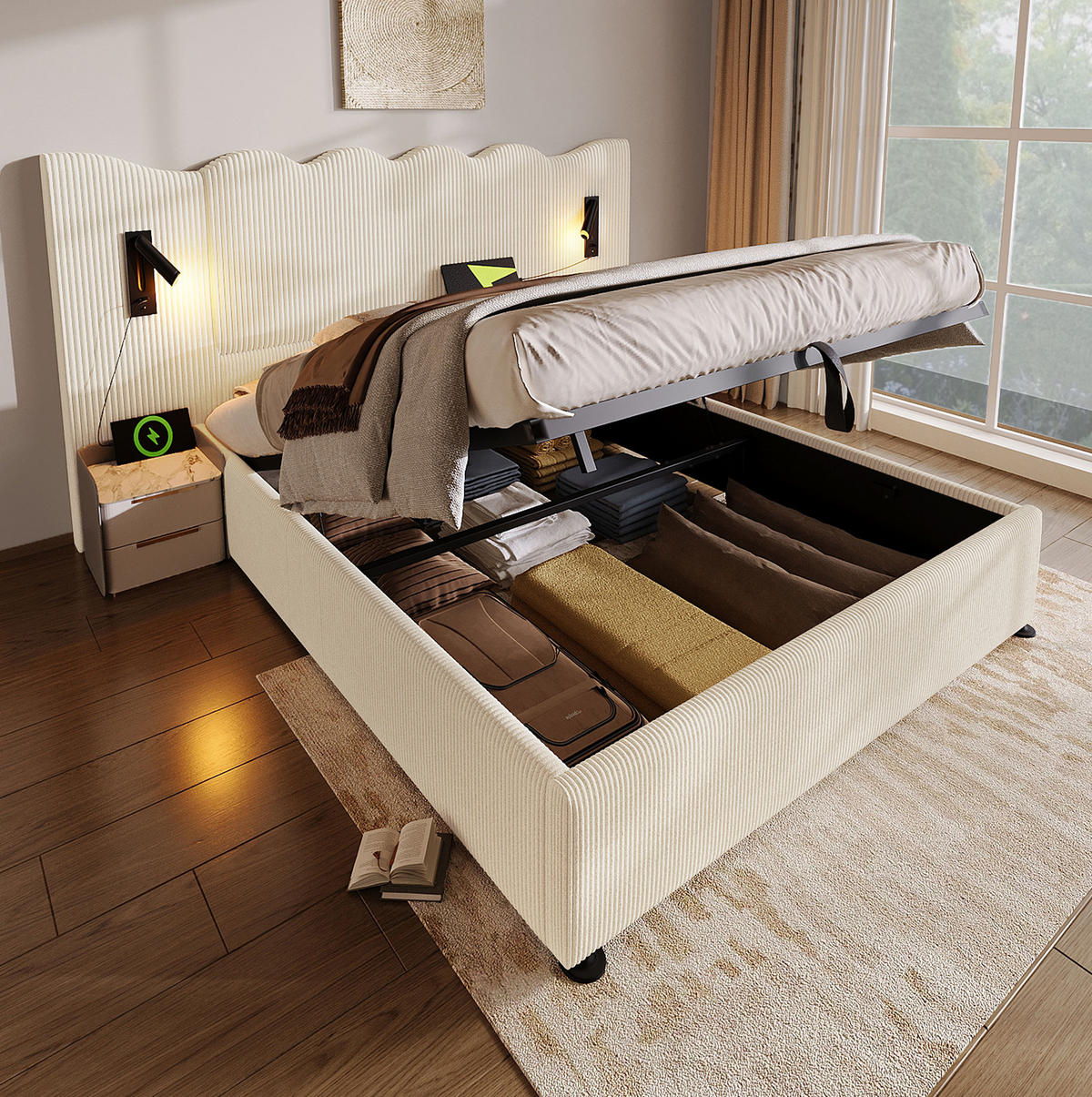 POLSTERBETT 180/200 cm mit Leselampe, USB- und Type-C-Anschlüssen, hydraulischem Bettkasten aus Cordstoff, Beige-Weiß - Weiß, Textil (180/200cm) - Redom