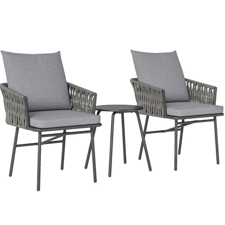 BISTROSET 58/63/69 cm mit 2 Sesseln, Tisch und abnehmbaren Kissen, Stahl, Grau - Grau, Metall - Redom