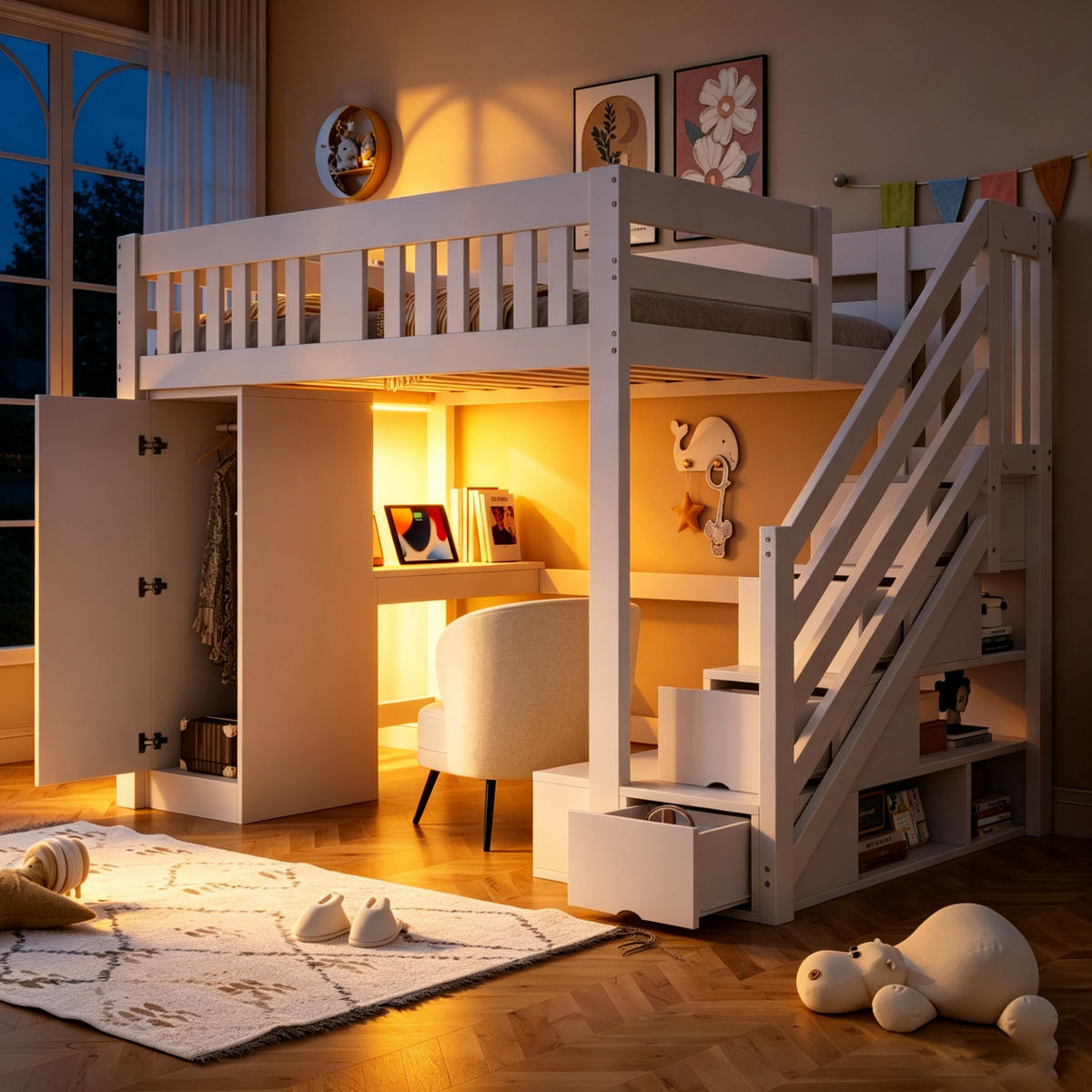 HOCHBETT 140/200 cm Weiß mit Stauraumtreppe, Schreibtisch und LED - Weiß, Holz (140/200cm) - MIVRAY