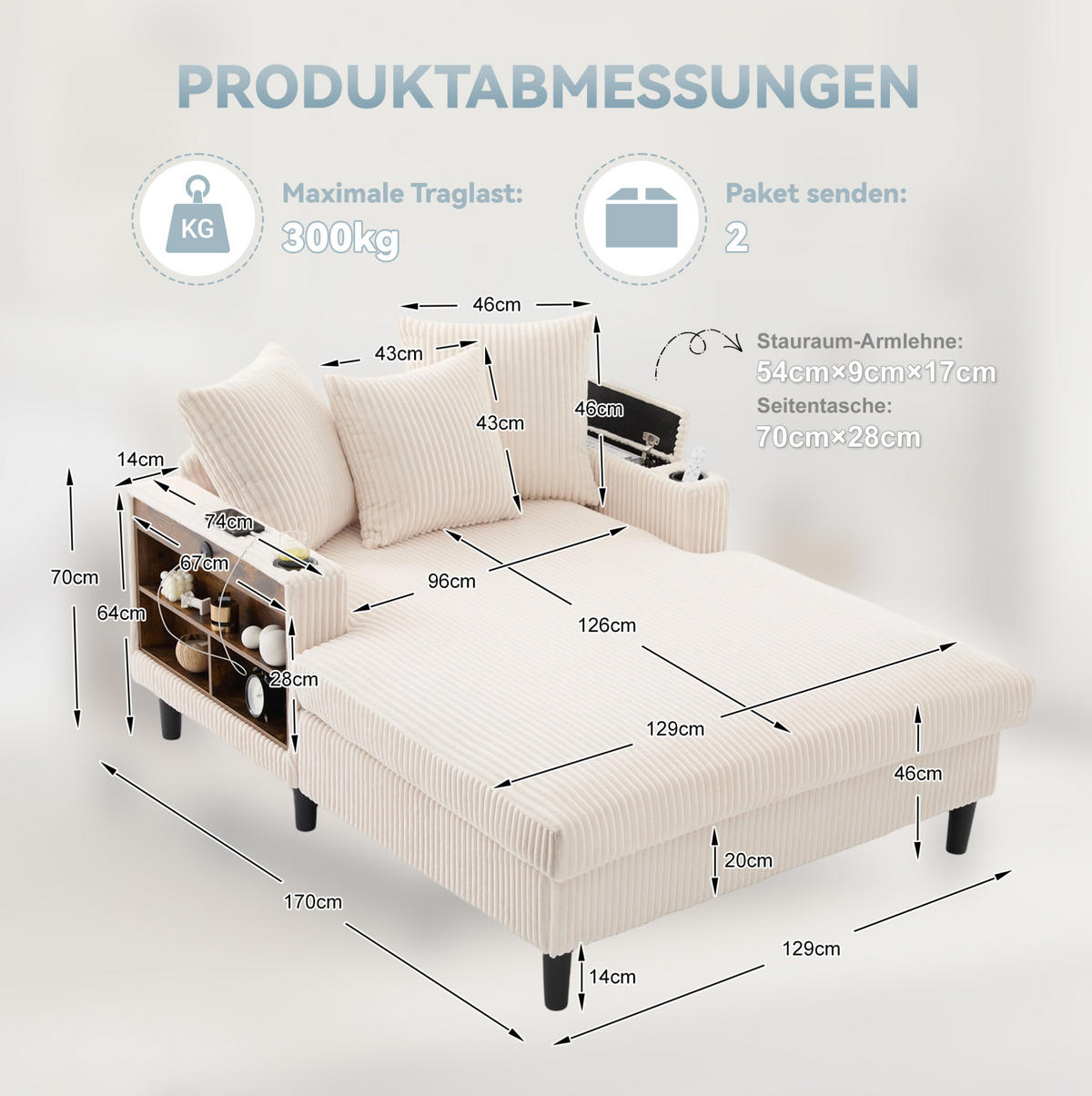 SCHLAFSOFA 129/170/70 cm aus Cord mit LED-Beleuchtung und USB-Ladeanschluss Beige - Beige, Textil (170/70/129cm) - Modenvie