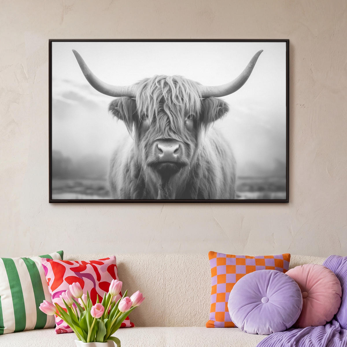 LEINWAND Bilder mit Rahmen - Schottischer Highlander - Nebel - Schwarz - Weiß - 90x60 - Grau, Textil (90/60cm) - MuchoWow