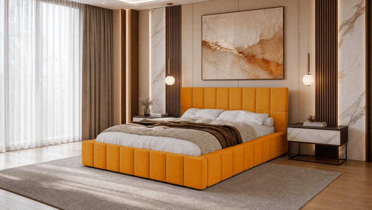 POLSTERBETT 140x200 cm, Alma, Doppelbett mit Bettkasten, Lattenrost aus Holz, Velourstoff, Gelb - Gelb, Holz/Textil (140/200cm) - Marpur