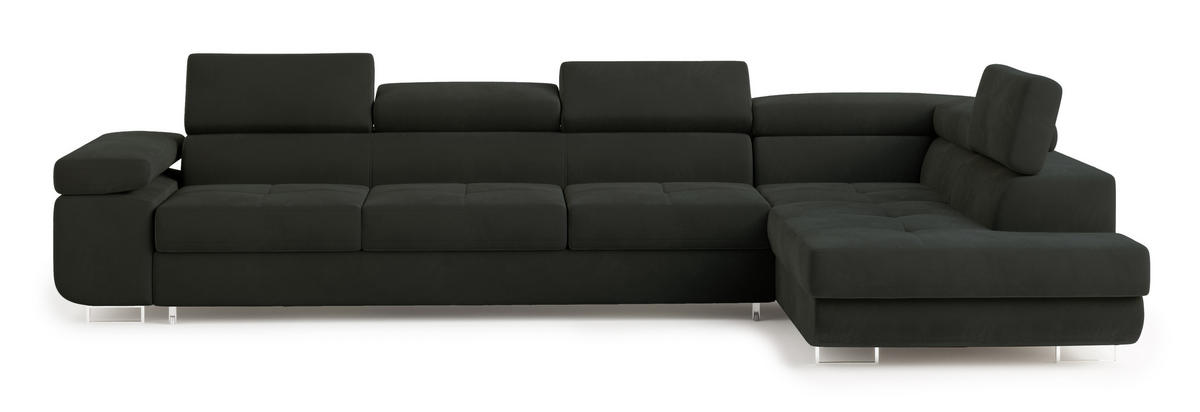 ECKSOFA VICENTE Schwarz Velours-Stoff mit Schlaffunktion - Schwarz, Holz (346/202cm) - MASSENO