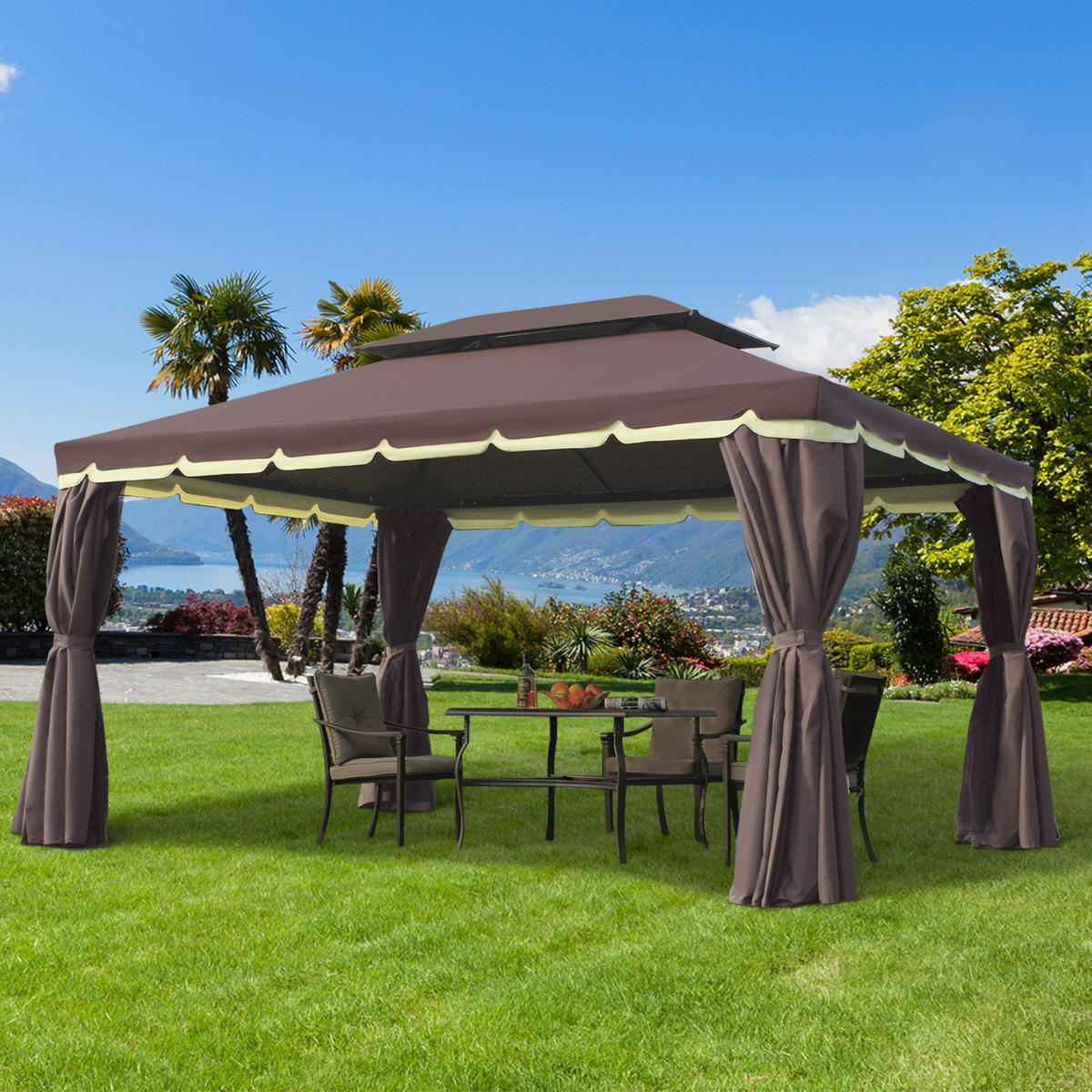 GARTENPAVILLON DE-05939 mit Hardtop-Dach und Seitenteilen 390/290/280 cm Kaffee + Schwarz - Schwarz/Mokka, Metall (290/280/390cm) - ComfortXL
