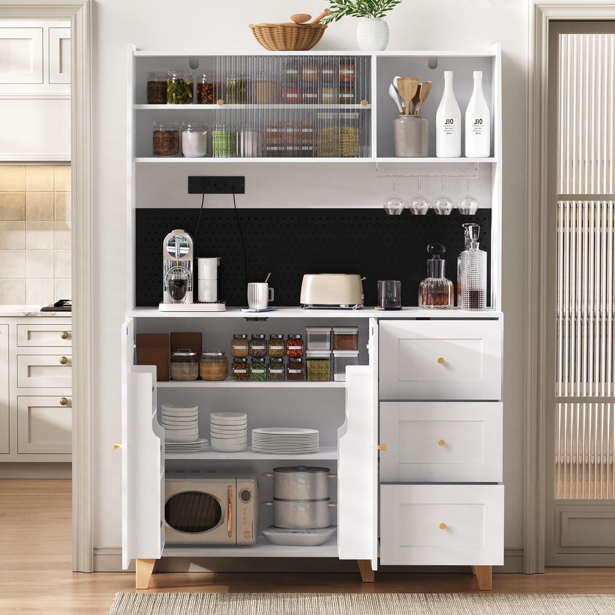 BUFFETSCHRANK 120/40/184 cm mit Steckdosen, USB-C, Lochplatte, Glashalter und 3 Schubladen, Weiß - Weiß, Holzwerkstoff (120/184/40cm) - Redom