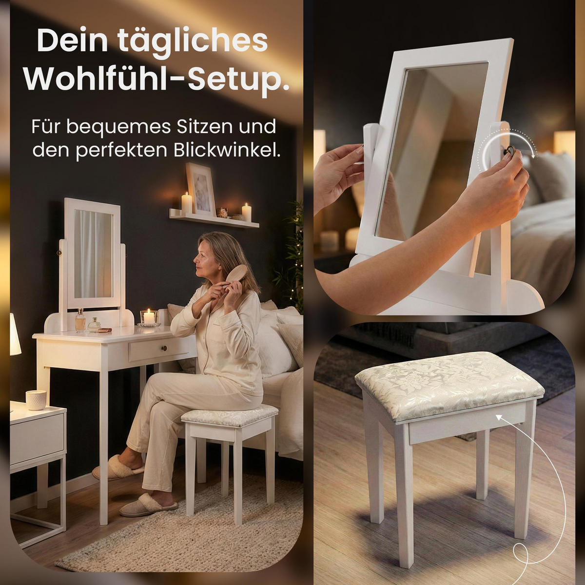 SCHMINKTISCH eckig 73/42/130 cm Holz Weiß - Weiß, Holz/Textil (73/130/42cm) - CLP