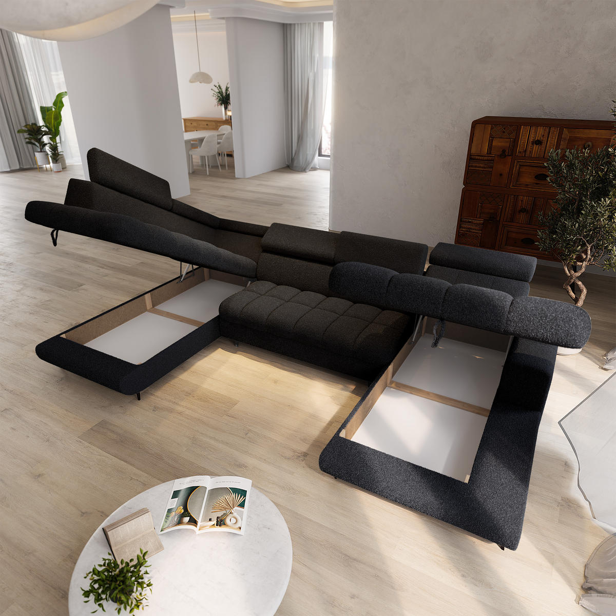 WOHNLANDSCHAFT CORENO Schwarz Boucle-Stoff mit Schlaffunktion - Schwarz, Holz (345/88/190cm) - MASSENO