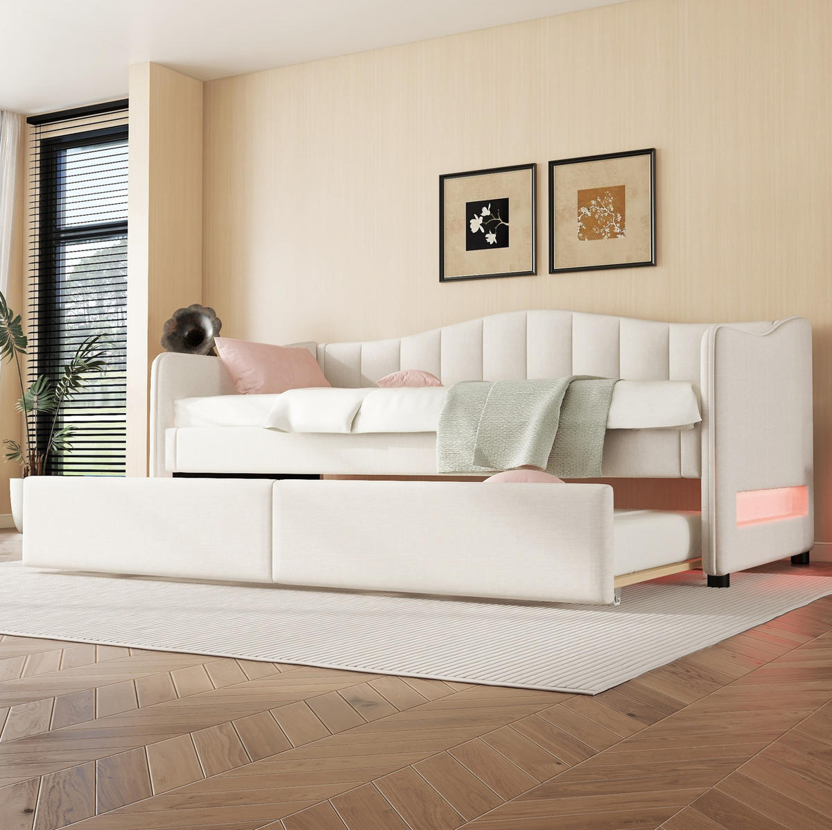 POLSTERBETT 90/200 cm Beige mit Ausziehbett und LED-Beleuchtung aus Leinen und MDF - Beige, Textil (90/200cm) - OKWISH
