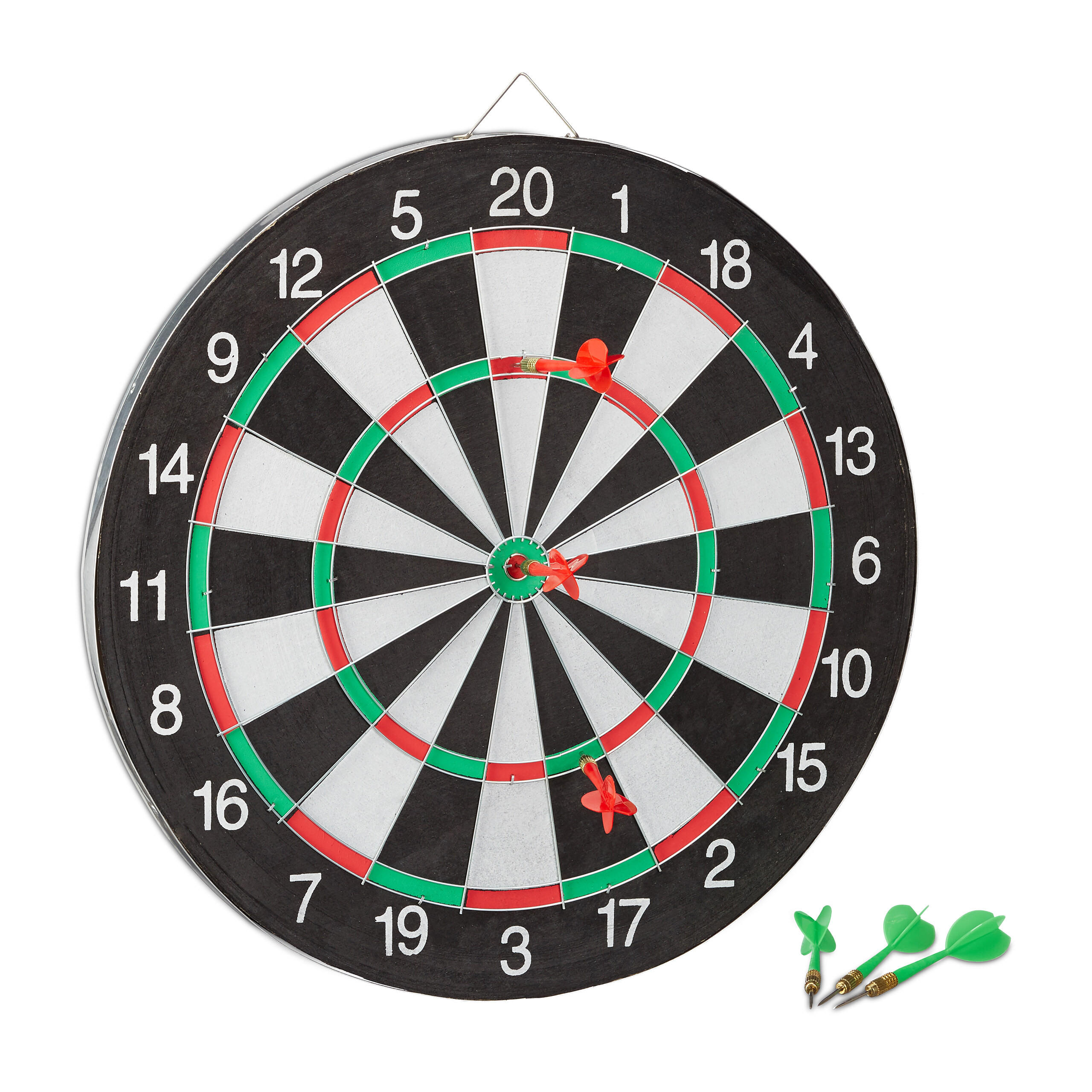 DARTTAVLA Flerfärgad dubbelsidig med 6 stålpilar 43 cm - Multicolor, Wellpapp/Metall (43/43cm) - Relaxdays