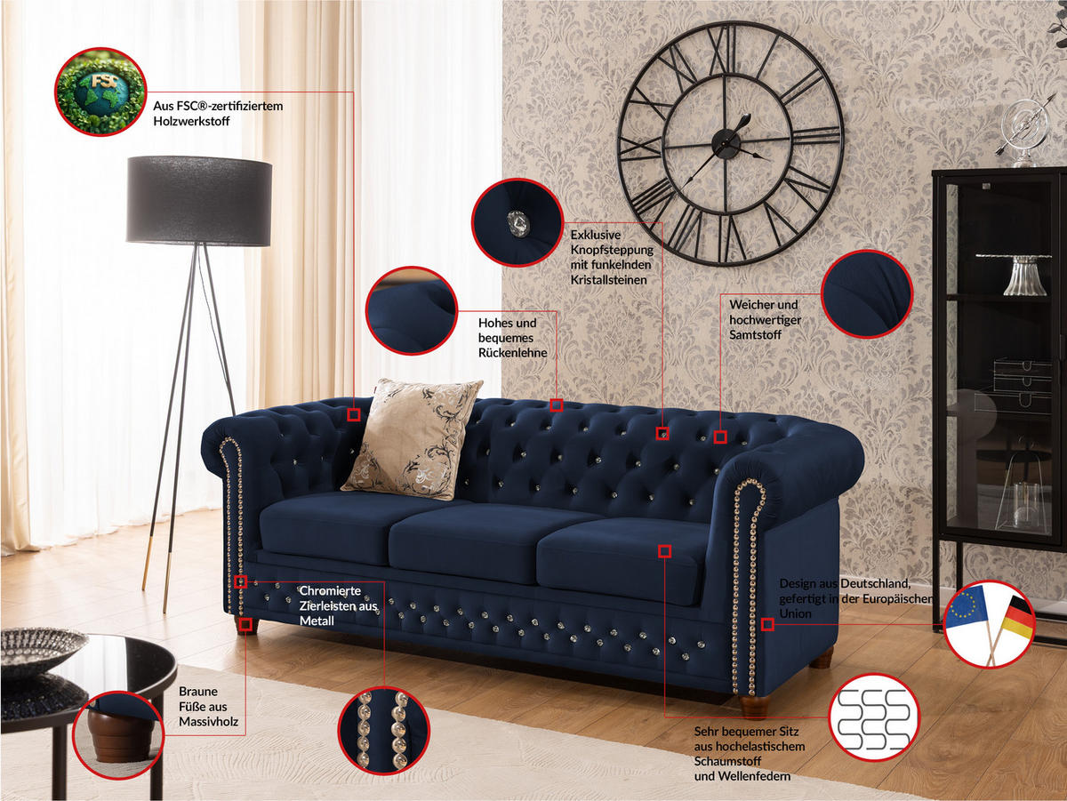 SITZGARNITUR 3+2 Chesterfield Cleo Blink Marineblau Samt mit Kristallsteppung und braunen Massivholzfüßen - Blau/Braun, Holz/Textil (203/72/86cm) - S-Style Möbel