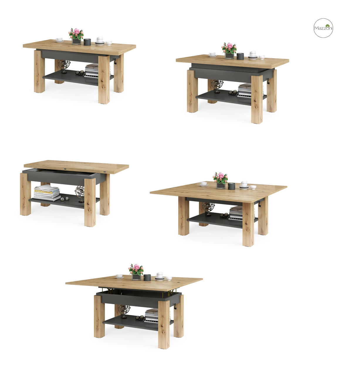COUCHTISCH rechteckig Eiche Artisan - Anthrazit ausziehbar höhenverstellbar - Anthrazit/Eiche Artisan, Holzwerkstoff (65/130/60cm) - designimpex