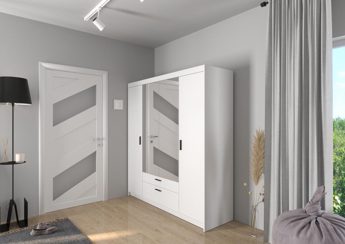 KLEIDERSCHRANK Storicos Weiß 176,3/190,5/53 cm - 4T2S Modern mit Schubladen und Spiegel - Weiß, Holzwerkstoff/Kunststoff (176.4/190.6/53cm) - AX Living