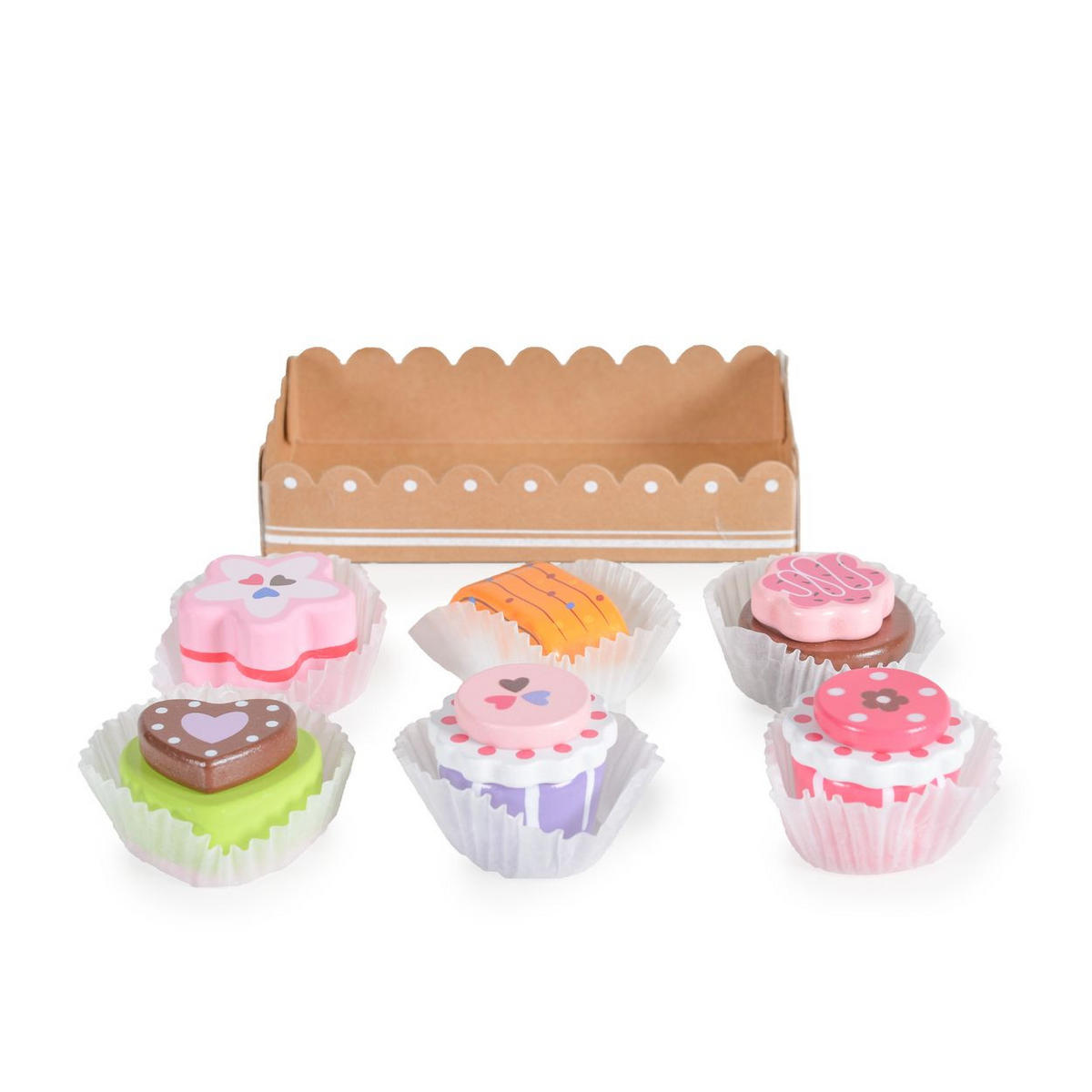 SPIELZEUGLEBENSMITTEL Torten 6-teilig bunt Holz, Cupcakes, verschiedene Formen, Förmchen, Aufbewahrungsbox - Multicolor, Holz (8/3/15cm) - Moni