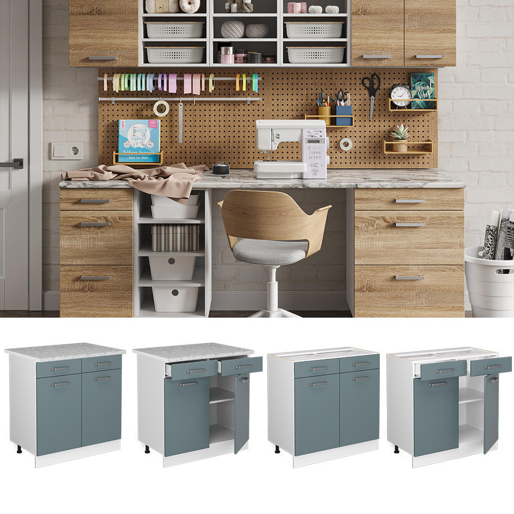 UNTERSCHRANK R-Line Blau-Grau 80 cm mit Schubladen und Türen, ohne AP - Blaugrau/Weiß, Holzwerkstoff (80/81.6/46cm) - Vicco