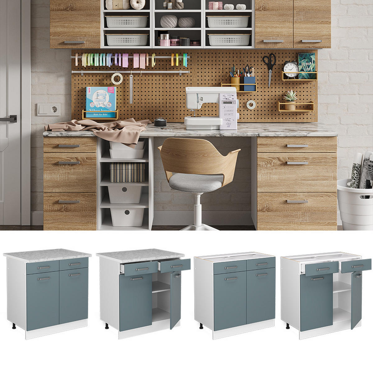 UNTERSCHRANK R-Line Blau-Grau 80 cm mit Schubladen und Türen, ohne AP - Blaugrau/Weiß, Holzwerkstoff (80/81.6/46cm) - Vicco