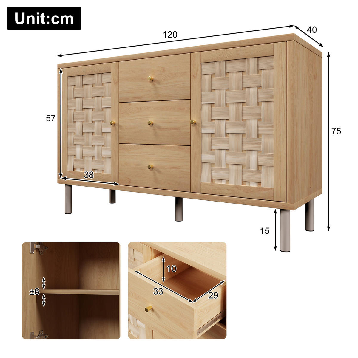 SIDEBOARD aus MDF 120x40x75 cm Eiche mit 2 Türen, 3 Schubladen und verstellbaren Einlegeböden - Nussbaumfarben, Holzwerkstoff (120/70/40cm) - IVMEU